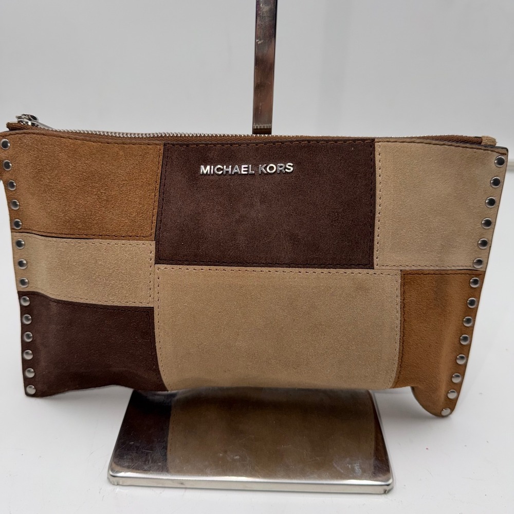 Michael Kors Suede Patchwork Studded Wristlet Clutch Brown Tan Silver Studs - Picture 2 of 13